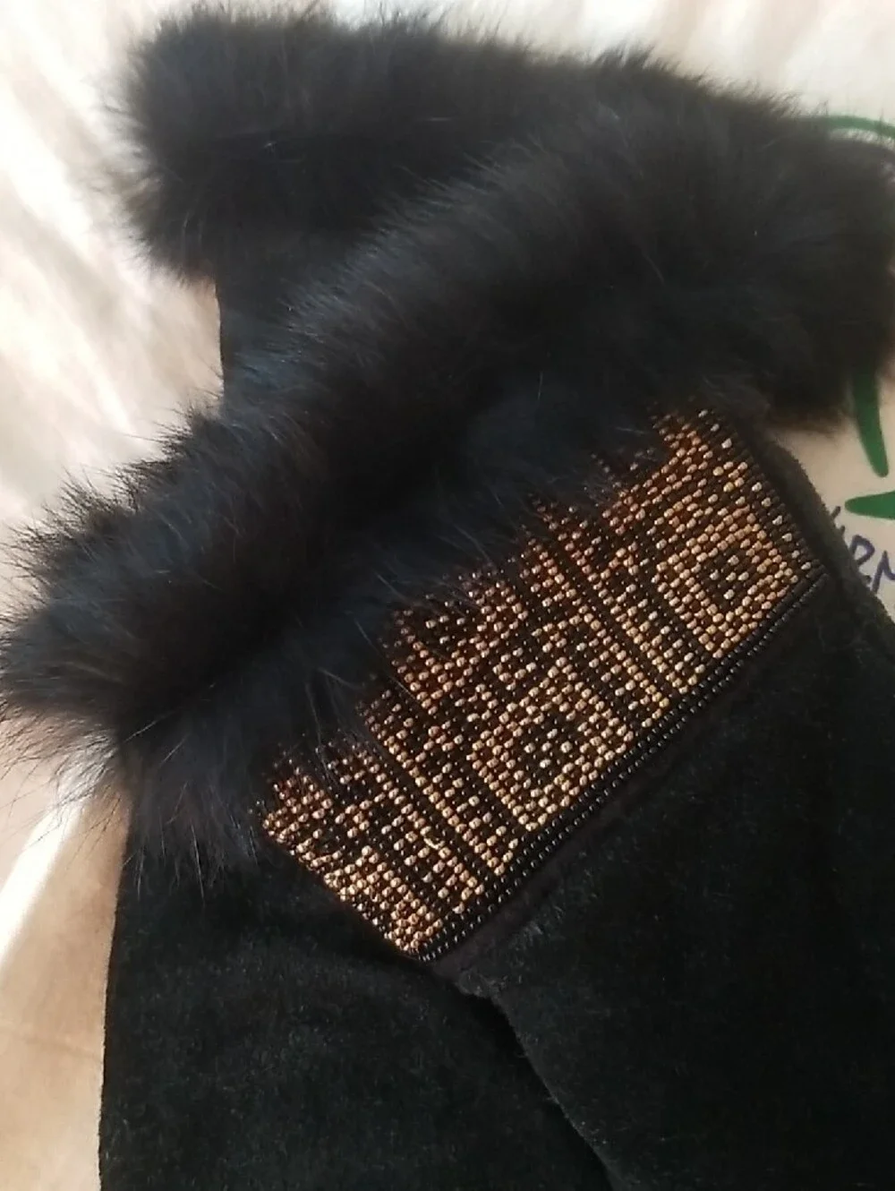 Astis Black Suede Fur-Trim Mittens with Beaded Cuff